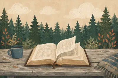 Open Bible Pages Turning in Evergreen Forest