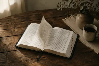 Open Bible Page Turning in Gentle Breeze