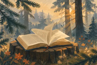 Open Bible in Misty Evergreen Forest