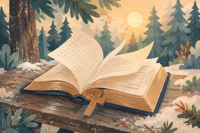 Open Bible Pages Turning Beneath Evergreens