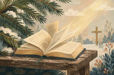 Open Bible Pages Turning in Winter Breeze