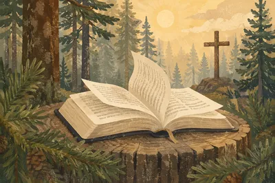 Open Bible Pages Turning in Evergreen Forest