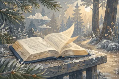 Open Bible Pages in Evergreen Winter Breeze