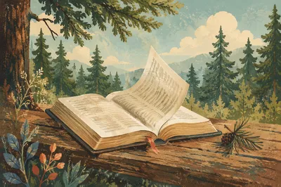 Open Bible in Evergreen Morning Breeze