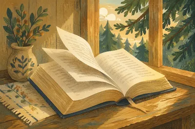 Open Bible Pages Turning by Evergreen Window
