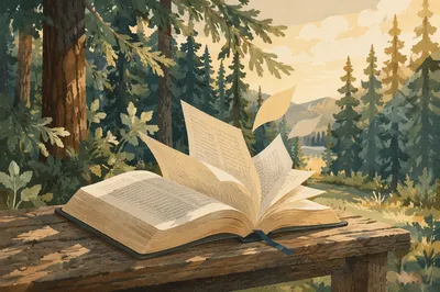 Open Bible Pages Turning in Evergreen Breeze