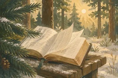 Open Bible Pages Turning in Evergreen Wind
