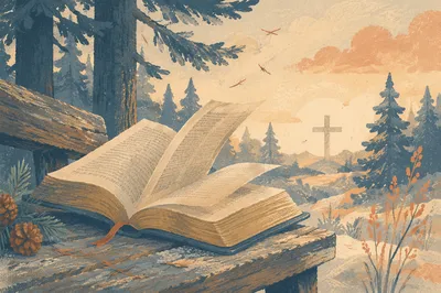 Open Bible Pages Turning in Evergreen Breeze
