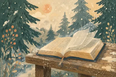 Open Bible Pages in Evergreen Winter Breeze