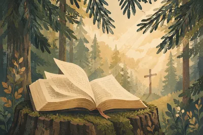 Open Bible Pages in Evergreen Forest Wind