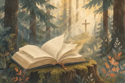 Open Bible Pages Turning in Evergreen Forest