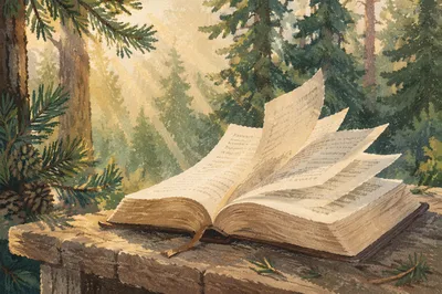 Open Bible Pages in Evergreen Morning Light