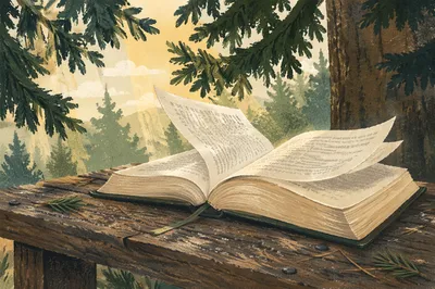 Open Bible Pages in Evergreen Morning Breeze
