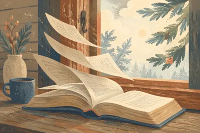 Open Bible Pages Turning in Morning Breeze