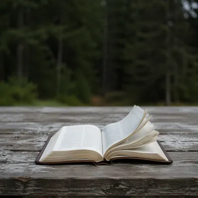 Open Bible Pages Turning in Evergreen Breeze