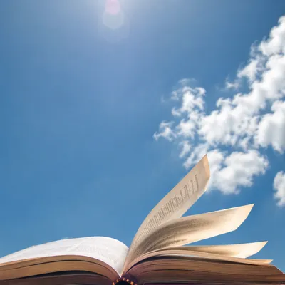 Open Bible Pages Turning Under Blue Sky