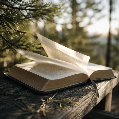 Open Bible Pages Turning in Evergreen Breeze