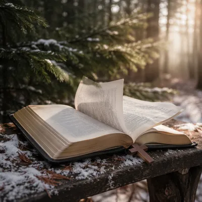 Open Bible Pages in Evergreen Winter Breeze