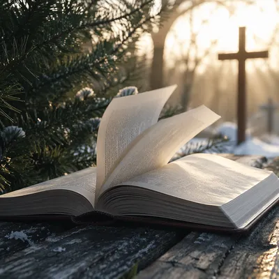 Open Bible Pages Turning in Winter Garden