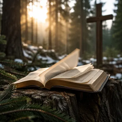 Open Bible Pages Turning in Evergreen Forest