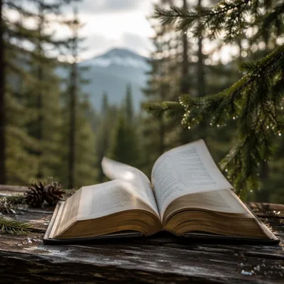 Open Bible Pages Turning in Evergreen Breeze