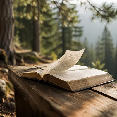 Open Bible Pages Turning in Forest Breeze