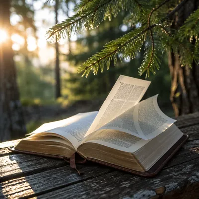 Open Bible Pages in Evergreen Morning Breeze