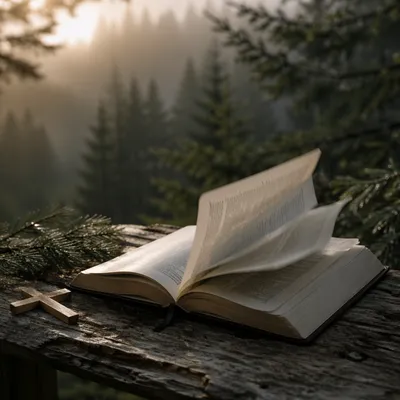 Open Bible Pages in Evergreen Morning Breeze