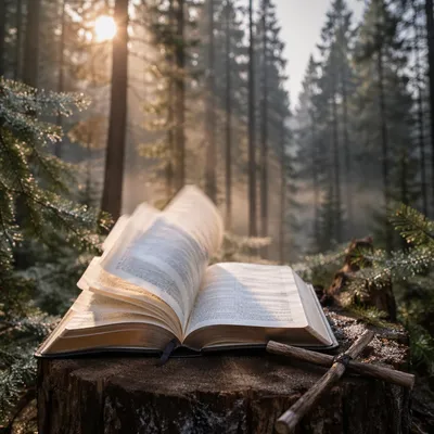 Open Bible Pages Turning in Evergreen Forest
