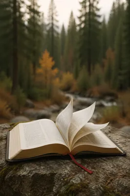 Open Bible Pages Turning in Evergreen Breeze