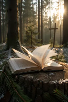 Open Bible Pages in Evergreen Winter Wind