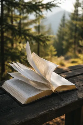 Open Bible Pages Turning in Evergreen Breeze