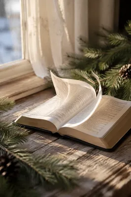 Open Bible with Turning Pages and Evergreen