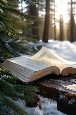 Open Bible Pages Turning in Winter Pines