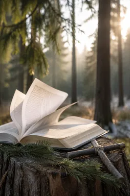 Open Bible Pages Turning in Evergreen Forest