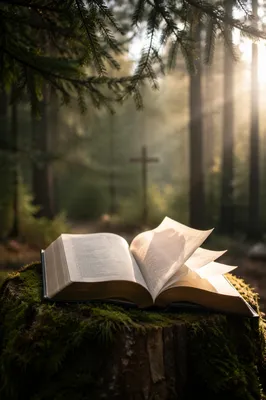 Open Bible Pages in Evergreen Wind