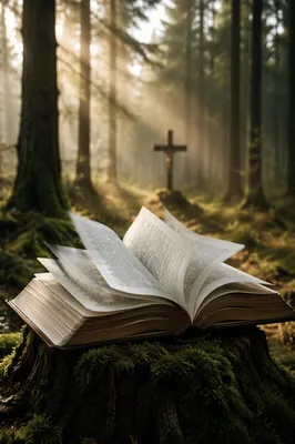 Open Bible Pages Turning in Forest Wind