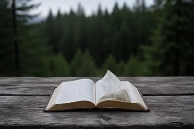 Open Bible Pages Turning in Evergreen Breeze