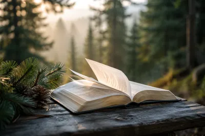 Open Bible Pages Turning in Evergreen Breeze