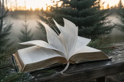 Open Bible Pages Turning in Morning Breeze