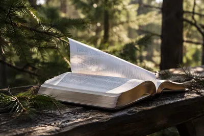 Open Bible Pages Turning in Evergreen Breeze
