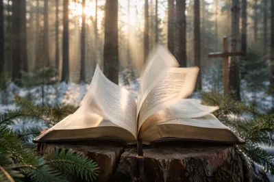 Open Bible Pages Turning in Evergreen Forest