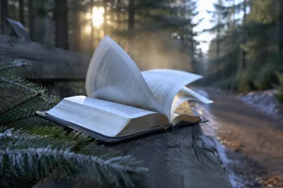 Open Bible Pages Turning in Evergreen Breeze