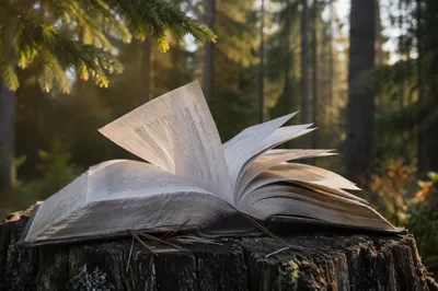 Open Bible Pages Turning in Evergreen Forest