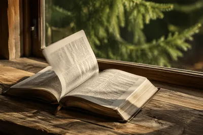 Open Bible Pages Turning in Evergreen Breeze