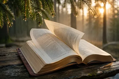 Open Bible Pages Turning in Evergreen Breeze
