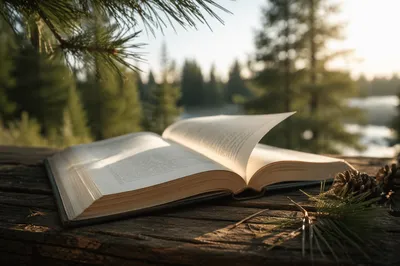Open Bible Pages Turning in Evergreen Breeze