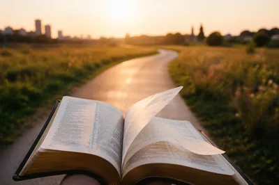 Open Bible Pages Turning in Breeze