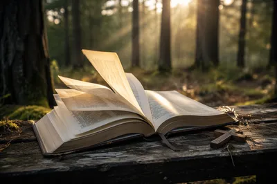 Open Bible Pages Turning in Evergreen Forest