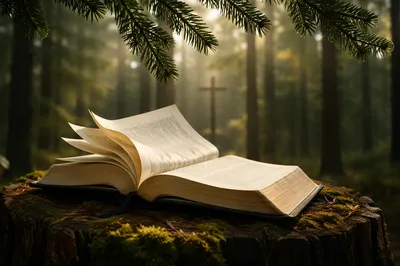 Open Bible in Misty Evergreen Forest